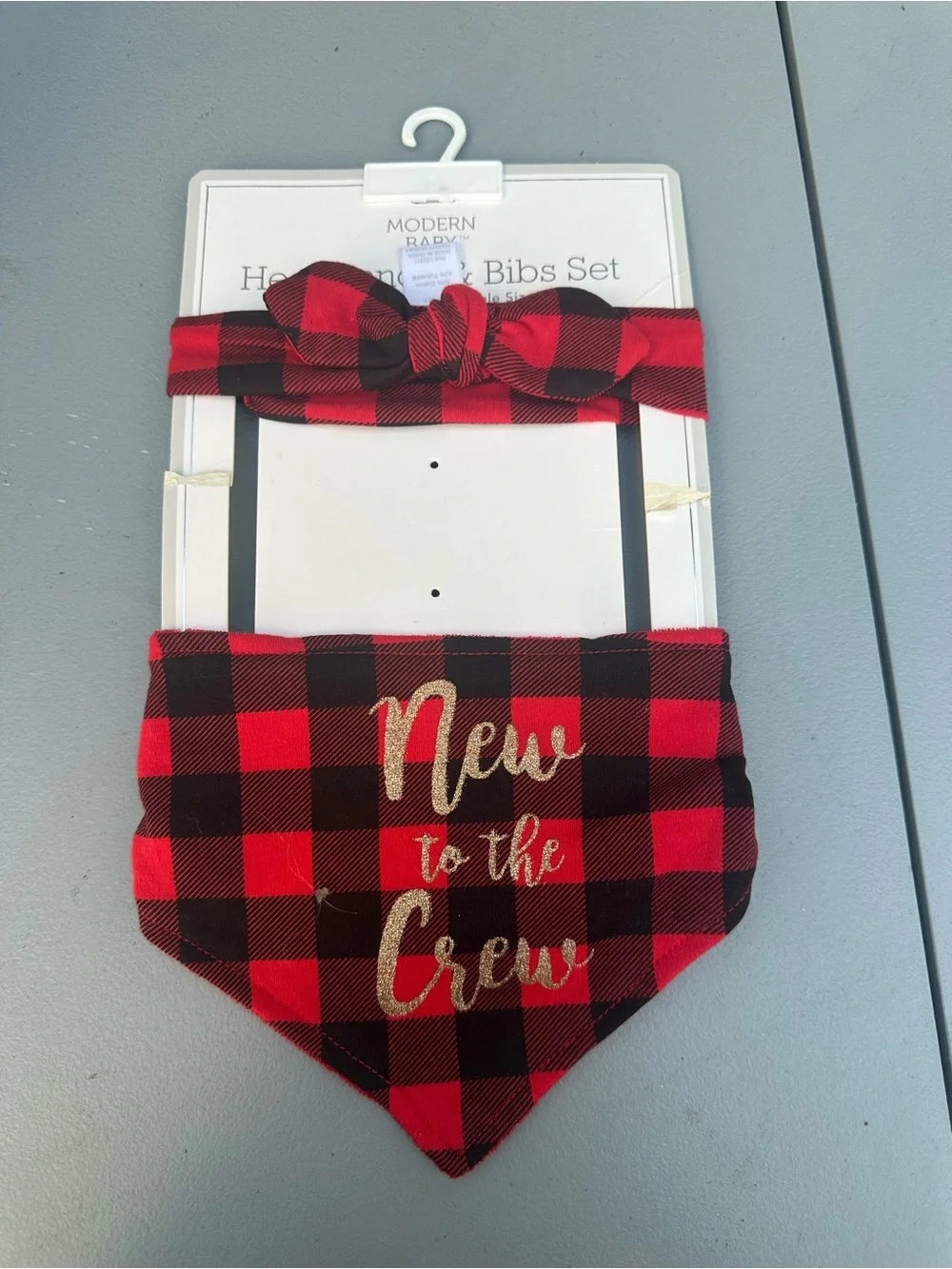 Red & Black Buffalo Plaid 'New to the Crew' Bib and Headband Set